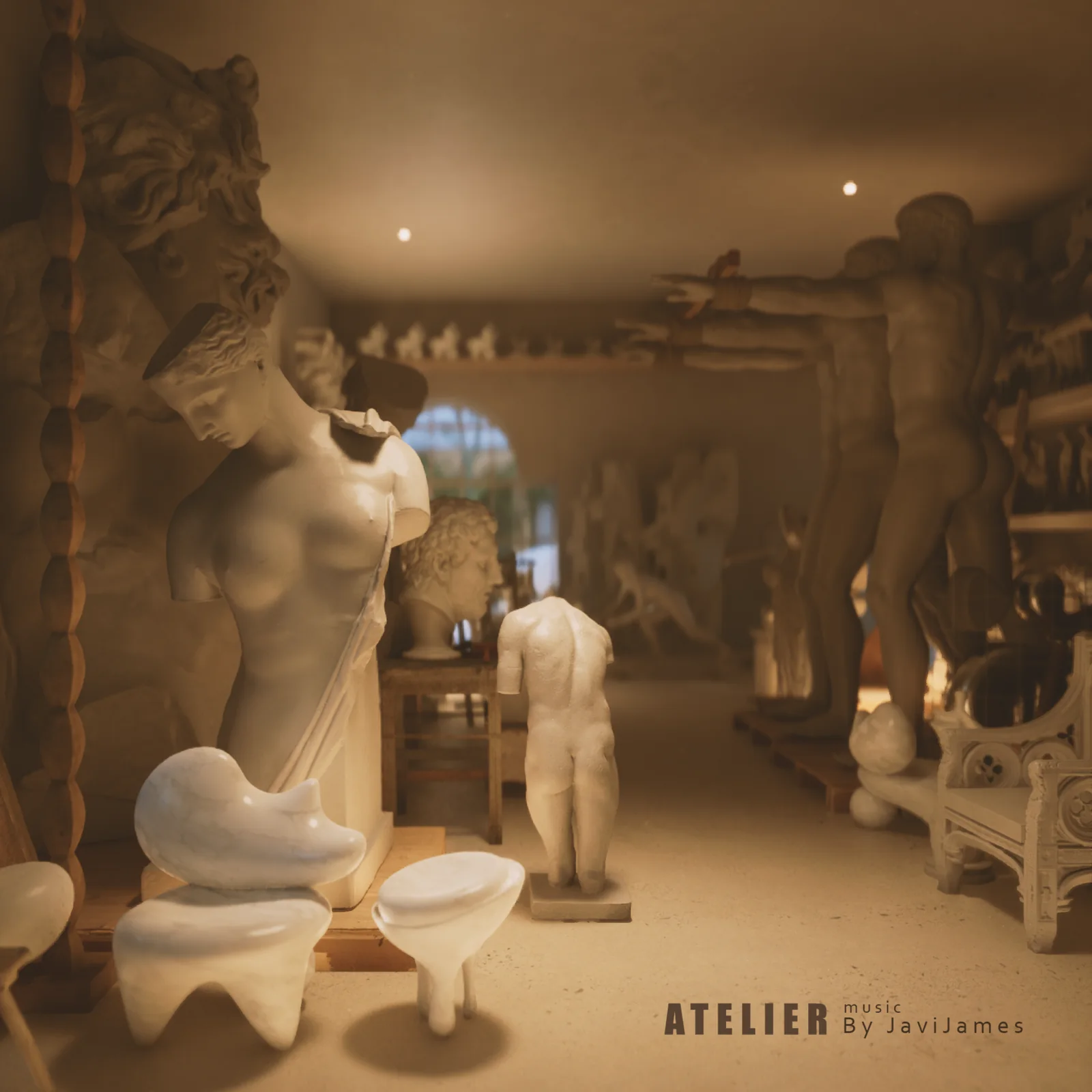 Cover of ATELIER, interior of a classical sculpture workshop in sepia tones