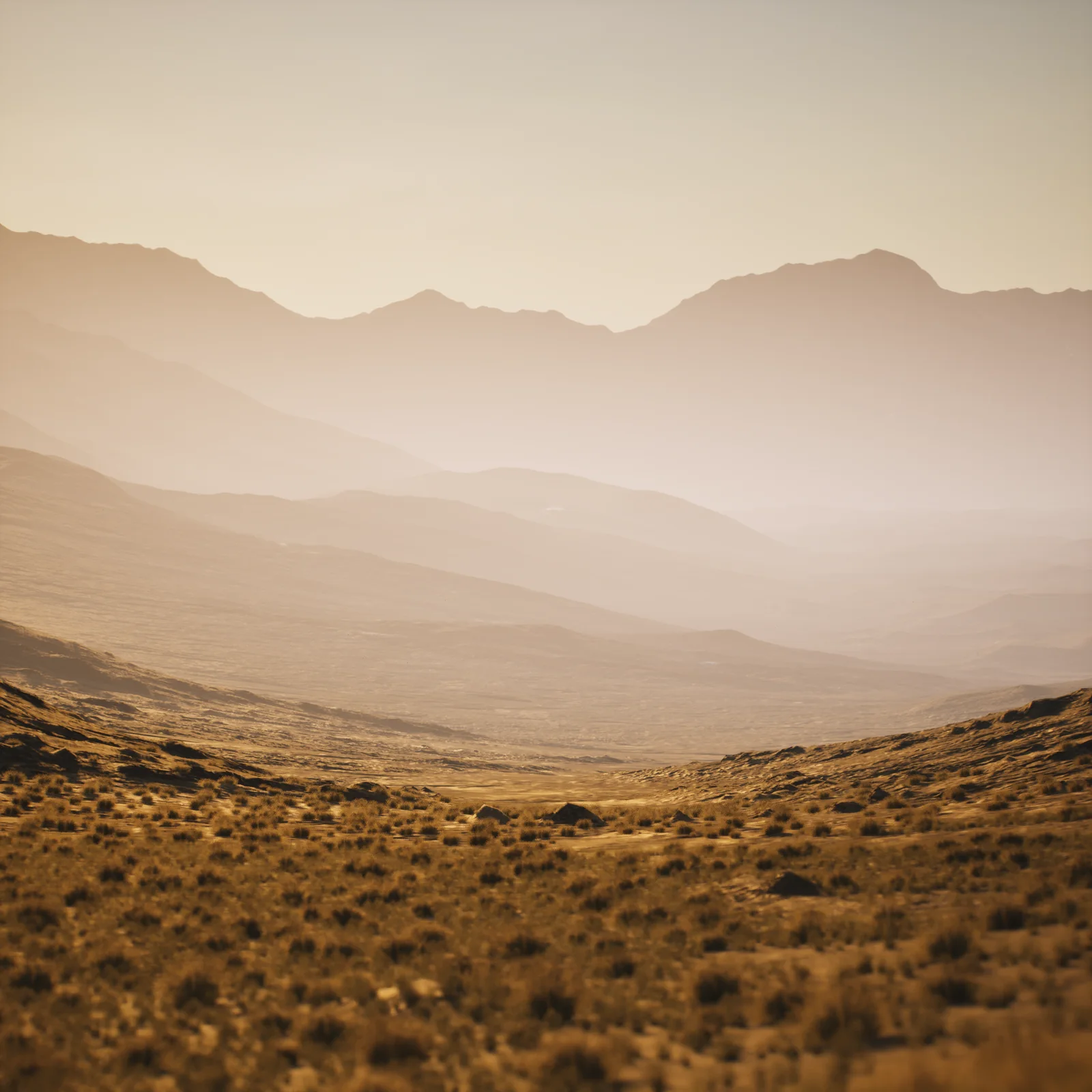 Andean valley in golden dusk tones, with mountains wrapped in mist