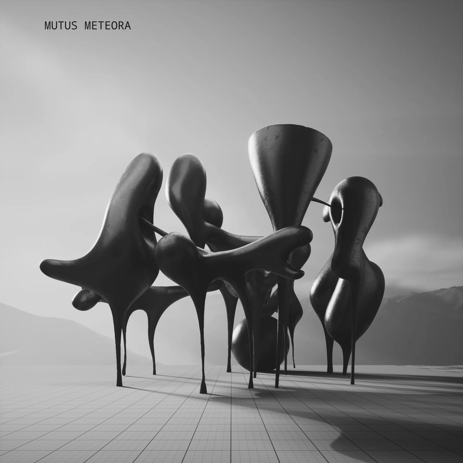Cover of MUTUS METEORA, dark organic sculptures against a foggy gray backdrop