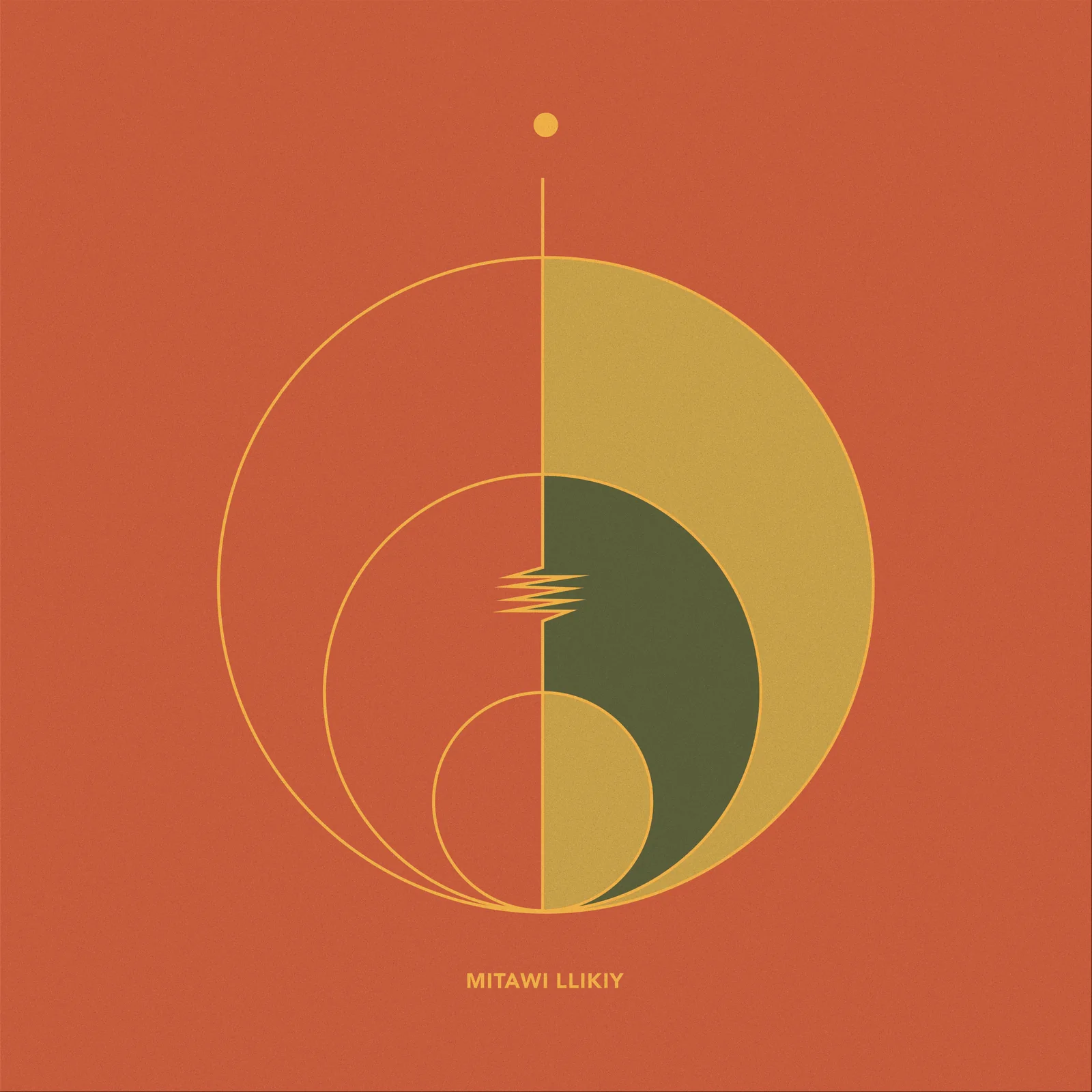 Geometric circular cover in terracotta, olive, and gold, titled Mitawi Llikiy
